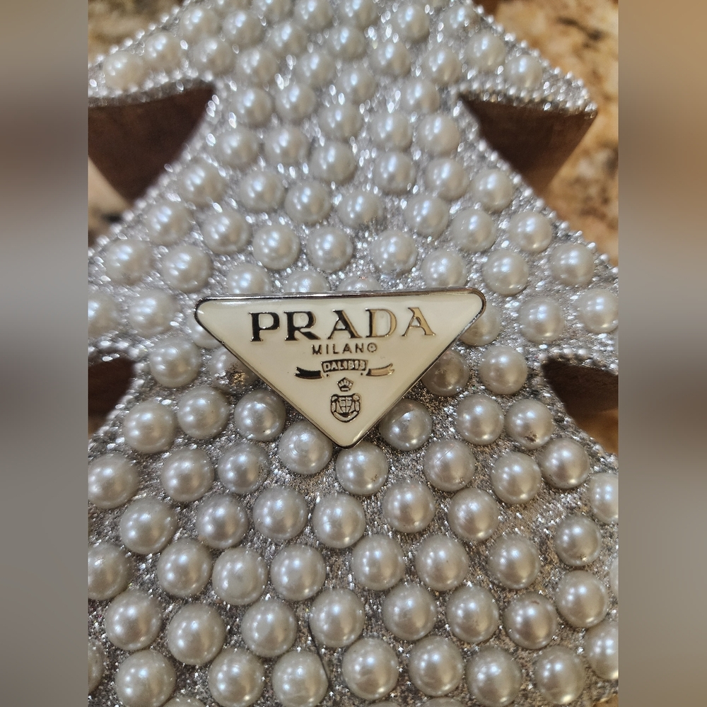 Prada White and Silver Logo Pin